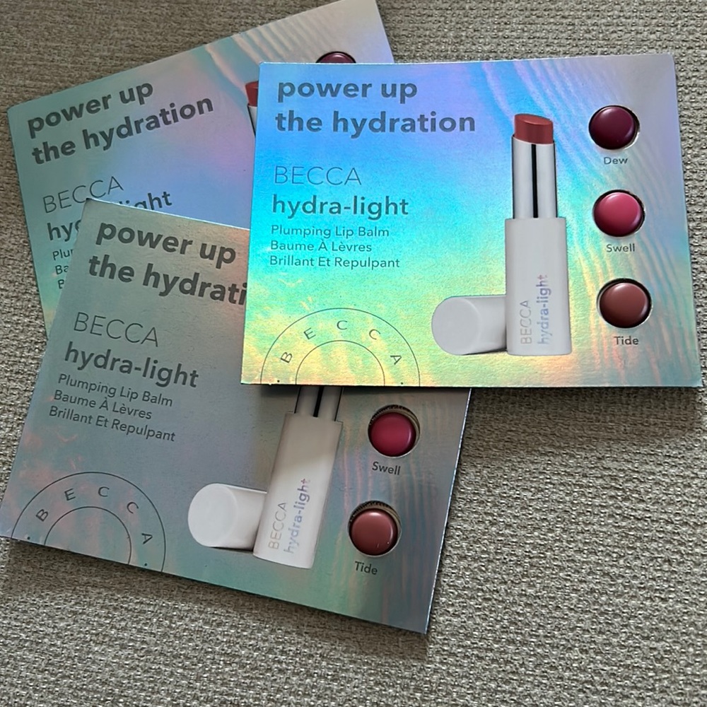 BECCA hydra-light Plumping Lip Balm Sample Cards. Dew, Swell, Tide. Lot of 3